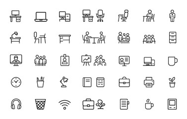 Linear outline icon collection featuring workspace essentials. Editable stroke vector illustration for office, remote work, business, freelancer, meeting, furniture, computer, employee and more.