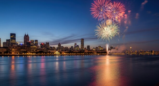 City skyline at dusk, fireworks display over water