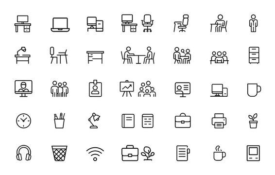 Linear outline icon collection featuring workspace essentials. Editable stroke vector illustration for office, remote work, business, freelancer, meeting, furniture, computer, employee and more.