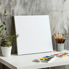 Mockup artist canvas in horizontal format on grey table. format front view. Frame for design