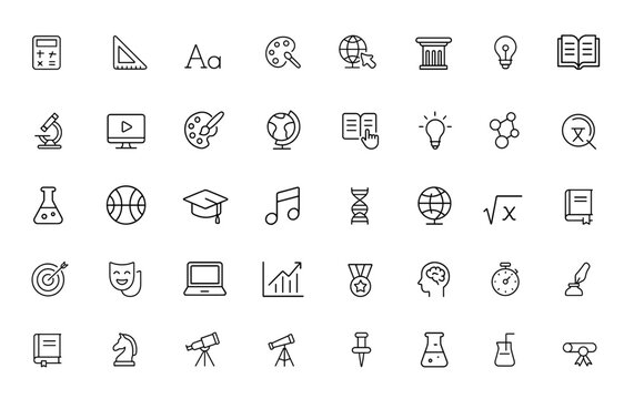 Outline linear icon set featuring editable stroke vectors of school subjects. academic icons for mathematics, biology, chemistry, language, history, science, education, and learning and more.