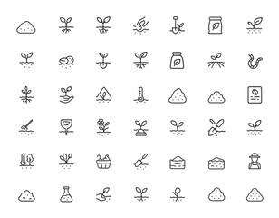 soil icons set with editable strokes. Linear vector illustration of agriculture, farming, ecology, biobiology, gardening, earth, roots, seed, research, organic growth, and soil tools and more.