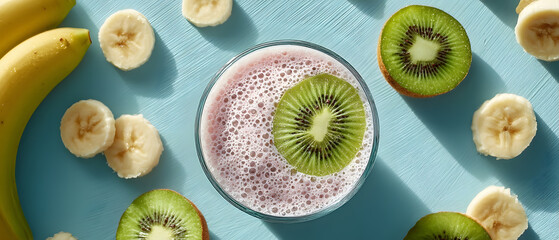 Fototapeta premium Fresh Fruit Smoothie with Kiwi and Banana Flat Lay