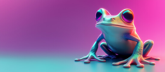 3d rendered colorful frog with big eyes on pink and blue background. Cute animal character for nursery decor or kids design.