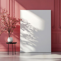 Mockup artist canvas in vertical format on red background. format front view. Frame for design
