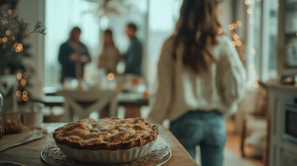 Homemade apple pie on a table, with a woman in the background walking towards blurred guests. Thanksgiving holiday dinner preparation concept.