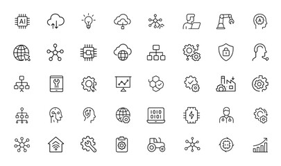 digital transformation and automation icon set. Editable vector illustration with AI, cloud, business, cyberspace, innovation, smart software, networking, technology and more.
