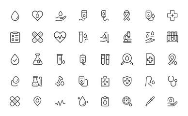 blood icons set with editable stroke. Vector illustration of medical donation, aid, blood bag, cardiology, diabetes, oncology, transfusion, laboratory, research, health test and more.