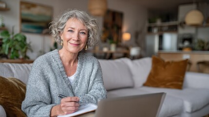 Happy stylish mature old woman remote working from home distance office on laptop taking notes. Smiling 60s middle aged business lady using computer watching webinar sit on couch writing in notebook.