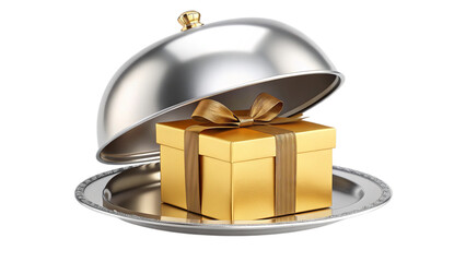 Elegant golden gift box revealed under silver cloche, perfect for celebrations and special occasions