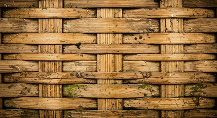 Close-up of Wooden Woven Fence with Natural Texture and Weathered Surface