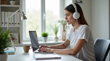 Young woman working on laptop while wearing headphones at home