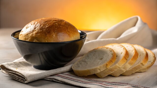 Photo of fresh bread loaf in a bowl with slices on a towel, ready to eat