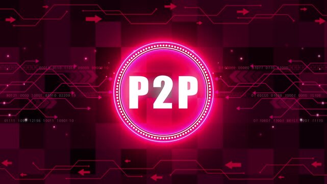 Businessman presses button with text P2P Peer-to-peer icon on virtual digital electronic user interface. communication network Business. technology background with Cyberspace HUD elements animation.