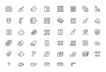 Outline icon collection of building materials with editable strokes. Linear vector illustration featuring construction, masonry, insulation, renovation, timber, concrete, metal and more.