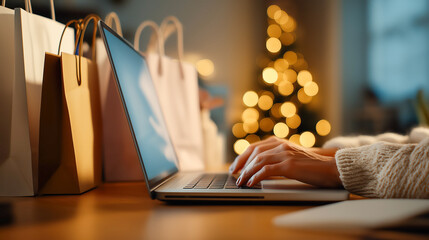 Woman shopping online on laptop for Christmas gifts. Hands typing on keyboard with shopping bags and festive lights. E-commerce and holiday season sales concept, Black Friday