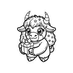 Obraz premium Cute cartoon yak character holding a wrapped gift box with a bow, outlined in black and white.