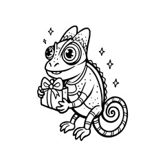 A cute cartoon chameleon sits holding a wrapped gift box with a bow, surrounded by sparkling stars.