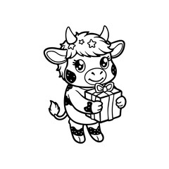 Cute cartoon cow holding a wrapped gift box with a bow, outlined in black and white.