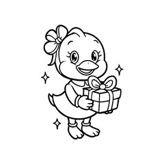 A cute cartoon duckling with a bow on its head holds a wrapped gift box with a bow, surrounded by sparkles.