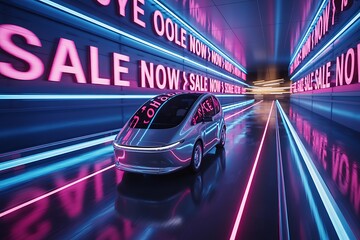 Futuristic electric car driving through neon-lit tunnel with SALE NOW signs, ideal for advertising and commercial use