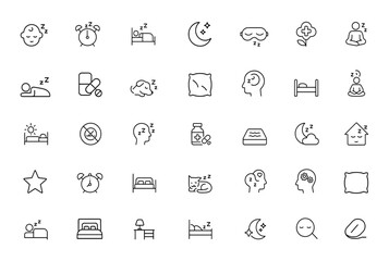sleep icons set with editable stroke. Linear vector illustration featuring baby, alarm, bed, bedding, health care, insomnia, mask, mattress, mental wellness, rest, relaxation, pillow and more.