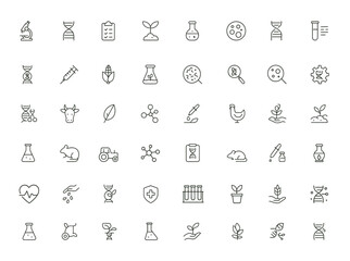 biotechnology icon set, biochemistry, farming, and science. Editable stroke vector illustration for laboratory, genetics, molecular research, agriculture, medicine, technology