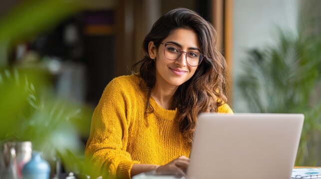 Smiling indian young adult woman wearing glasses typing on laptop computer working at home office sitting at table. Happy female professional freelancer student studying online using notebook pc., no