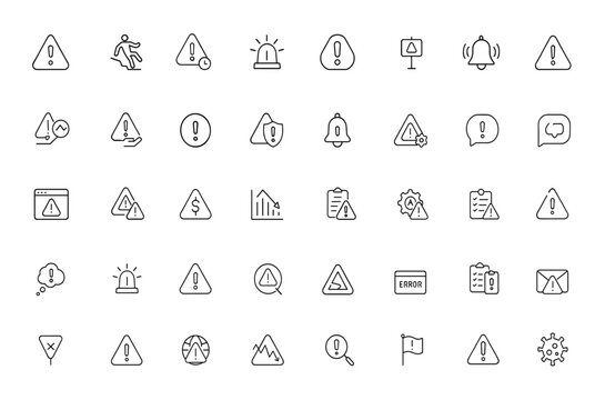  risk icon set, warning, alarm, alert, and attention symbols. Editable stroke vector illustration for business, safety, finance, health, crisis, notification, security and more.