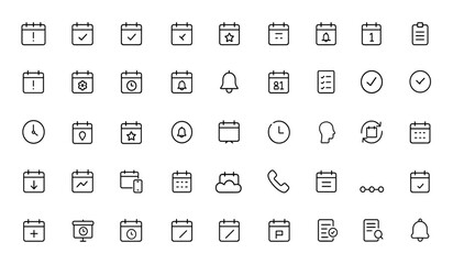calendar icons collection with editable stroke. Linear vector illustration of agenda, appointment, schedule, deadline, checklist, clock, event, reminders, timeline, office, plan and more.