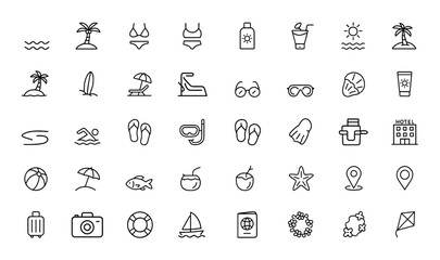 beach and vacation themes icon set. Editable stroke vector illustration featuring ocean, palm, bikini, swimwear, cocktail, sand, sun, island, surfboard, leisure, holiday, tourism