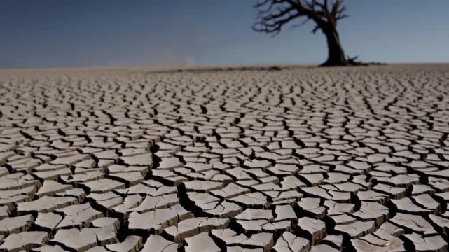 Cracked dry landscape under intense heat, showing effects of heatwave