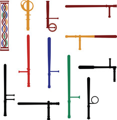 Vector Set of Police and Security Batons. Various Silhouettes of Law Enforcement Equipment and Self-Defense Sticks for Security, Riot Control, and Crowd Management.
