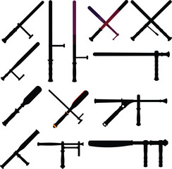 Vector Set of Police and Security Batons. Various Silhouettes of Law Enforcement Equipment and Self-Defense Sticks for Security, Riot Control, and Crowd Management.