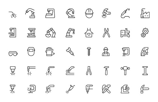 Linear metalworking icons set with editable stroke. Vector illustration of industrial tools, welding, machinery, manufacturing, safety gear, cutting, grinding, assembly, production, workshop