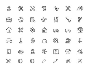repair and maintenance icons set with editable strokes. Linear vector illustration featuring construction, engineering, tools, workshop, mechanic, restoration and more.