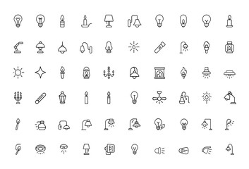 light sources  icon set with editable stroke. Linear vector illustration of antique bulbs, candles, lanterns, flames, LEDs, chandeliers, fireplace, and illumination elements