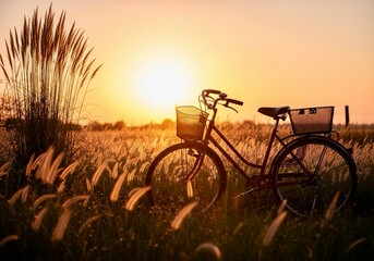 A bicycle with baskets is parked in a field of tall grass with feathery plumes, bathed in the warm, golden light of a setting or rising sun.