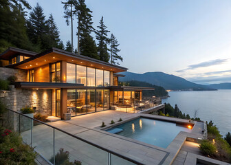 Fototapeta premium Hotel by the lake at night with river reflection and boats near the pier