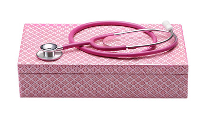 Stylish pink stethoscope rests on a patterned box, perfect for medical themed concepts and professional designs