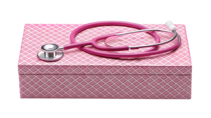 Stylish pink stethoscope rests on a patterned box, perfect for medical themed concepts and professional designs