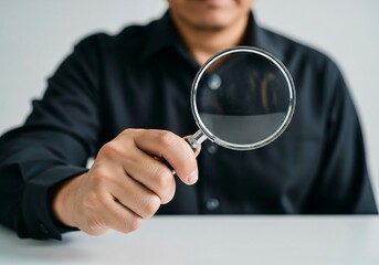 A person in a black shirt holds a magnifying glass towards the viewer, with their face out of frame, suggesting investigation or examination.