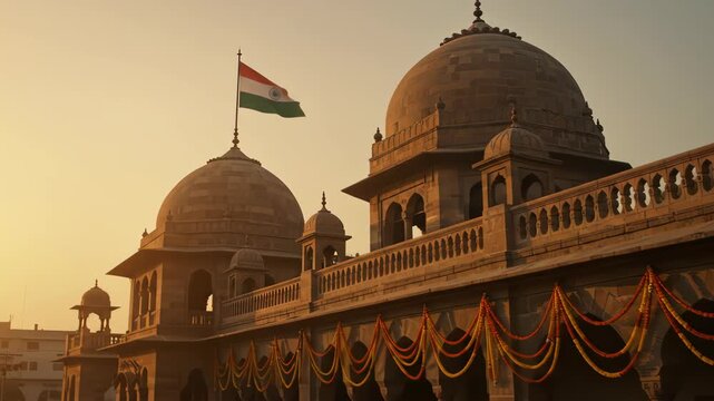 Majestic indian architecture a glimpse of heritage and pride with the national flag waving high, symbolizing unity, freedom, and the rich cultural tapestry of incredible india
