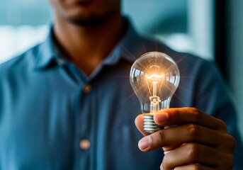 A person in a blue shirt holds a glowing lightbulb, emphasizing concepts of innovation, ideas, creativity, or problem-solving.