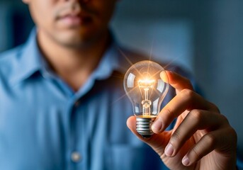 A person in a blue shirt holds a glowing lightbulb, emphasizing concepts of innovation, ideas, creativity, or problem-solving.