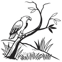 Stylized black and white illustration of an eagle perched on a tree branch