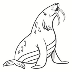 Cute cartoon walrus with tusks sitting and looking up