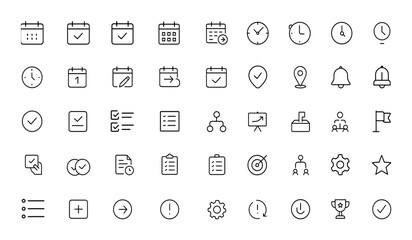 calendar icon set, scheduling, time management, planner, agenda, appointment, deadline, meeting, checklist, workflow, organisation, reminder, task, success and more.