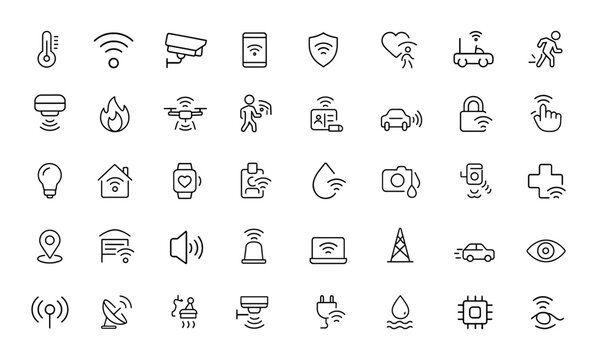 sensor icons set with editable stroke. Vector linear illustration featuring smart wireless technology, remote monitoring, security, health care, agriculture, home automation and more.