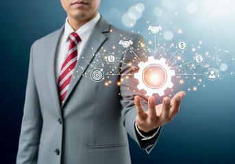 A person in a suit holds out their hand, revealing a glowing gear icon at the center of a network of lines and dots, connecting to various business-related icons.